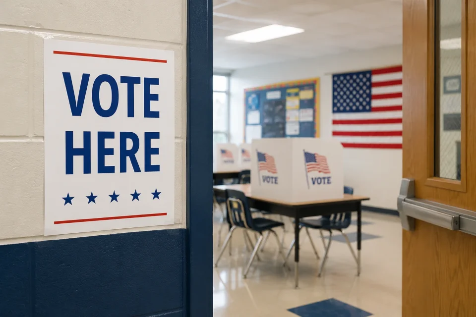 A classroom with a Vote Here sign