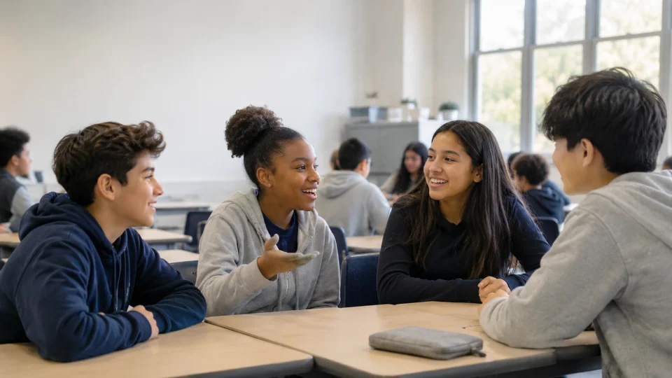 Students talking in a middle school classroom