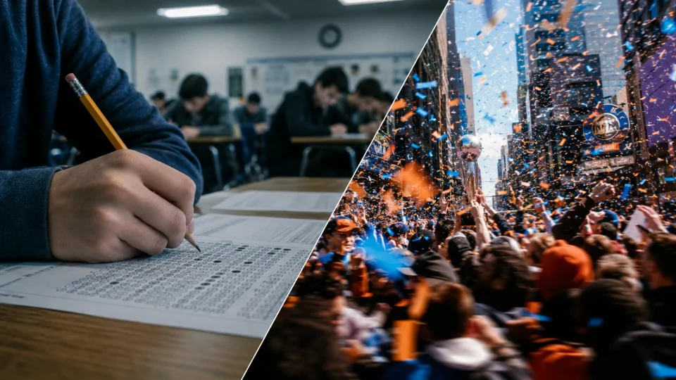 Studying and parade celebration in contrast