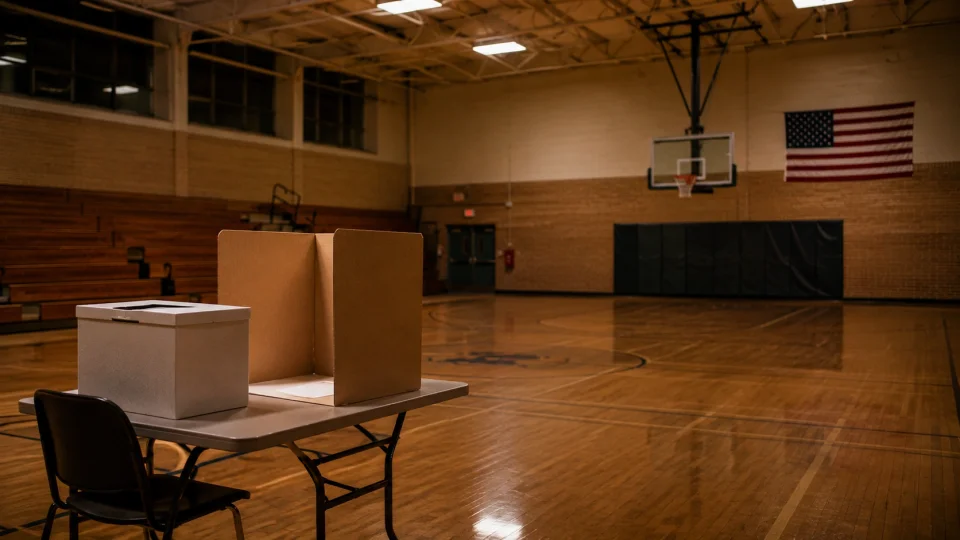 empty school gymnasium set up as a polling place