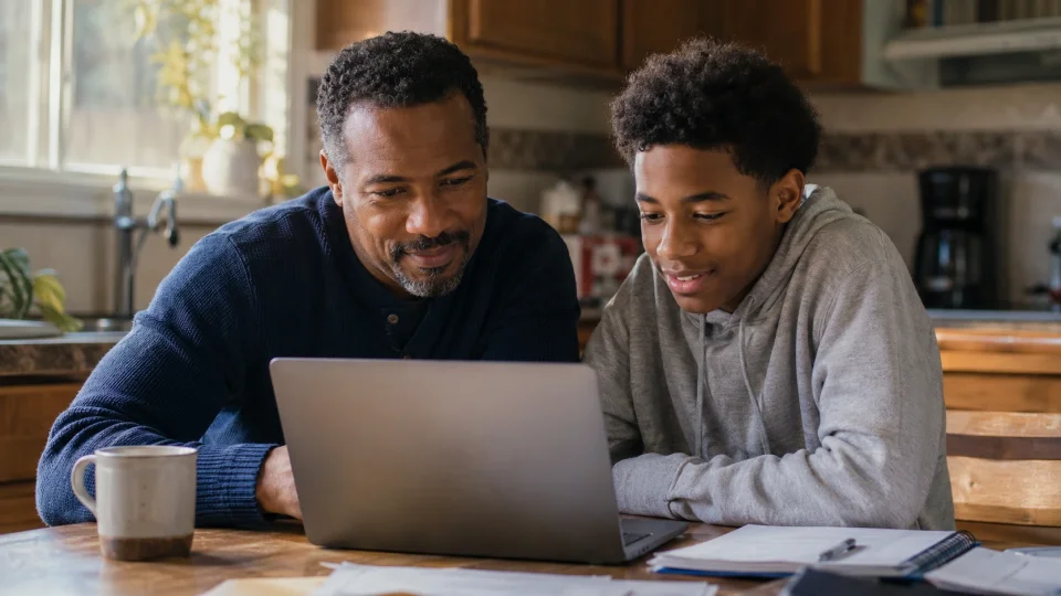 A black parent and a teenage son sitting at a kitchen table