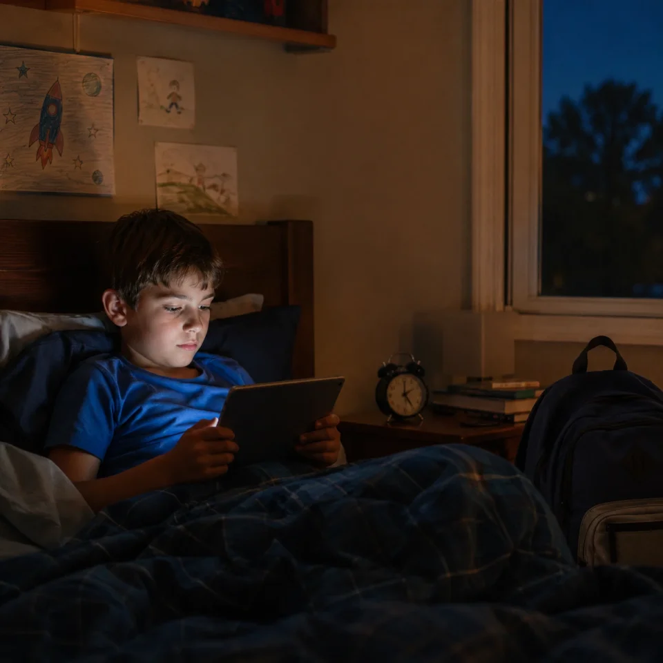 A child sits in bed illuminated by a tablet