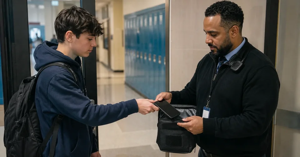 a student handing his cellphone to a school security guard