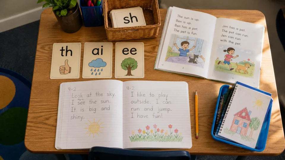 Bright and tidy classroom desk setup