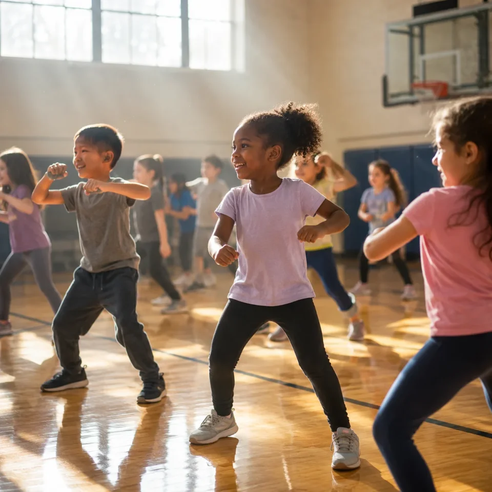 Kids active fun in a sunlit gym