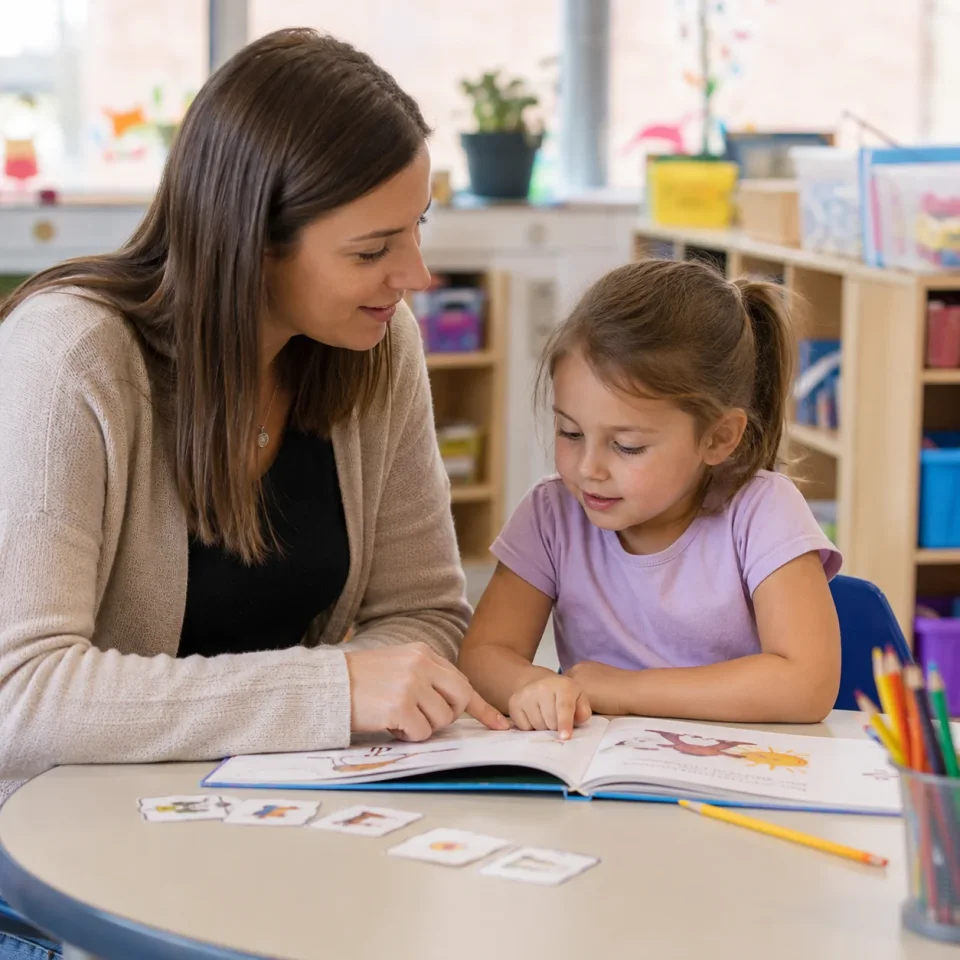 teacher sitting at a table with a kindergarten student working on reading