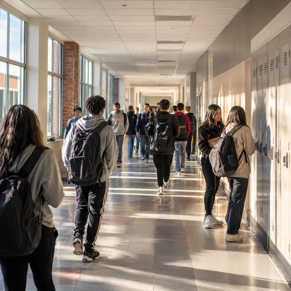 Public school hallway with students