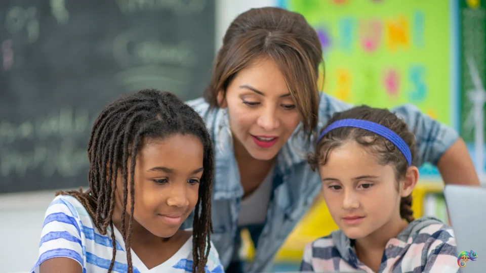 Teacher working with students