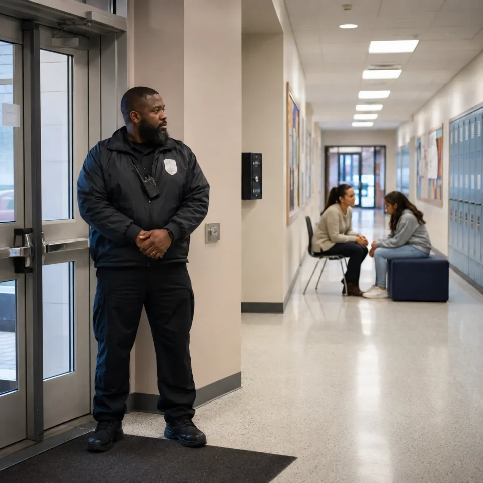 Watchful Guard in school hallway with social worker and student