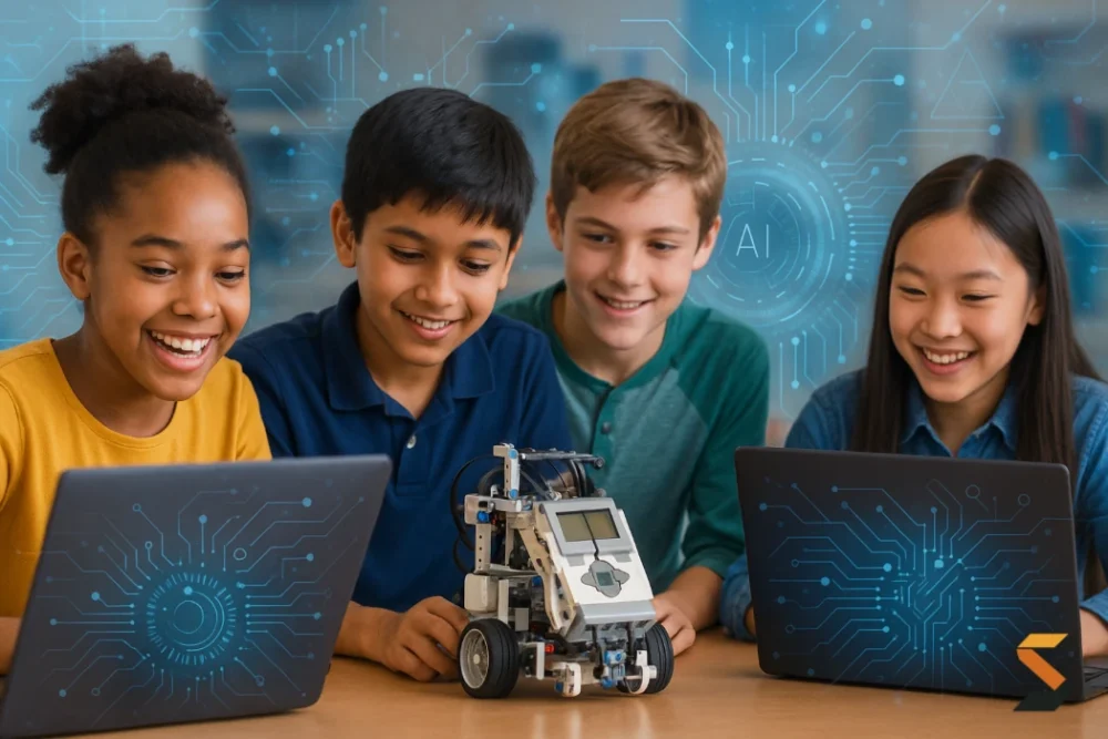 A diverse group of students eagerly engaged with computers and robotics.