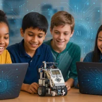 A diverse group of students eagerly engaged with computers and robotics.