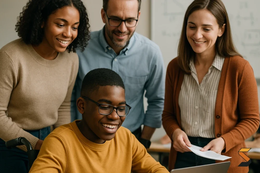 A diverse photo of a student with a disability engaged in learning