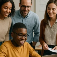 A diverse photo of a student with a disability engaged in learning