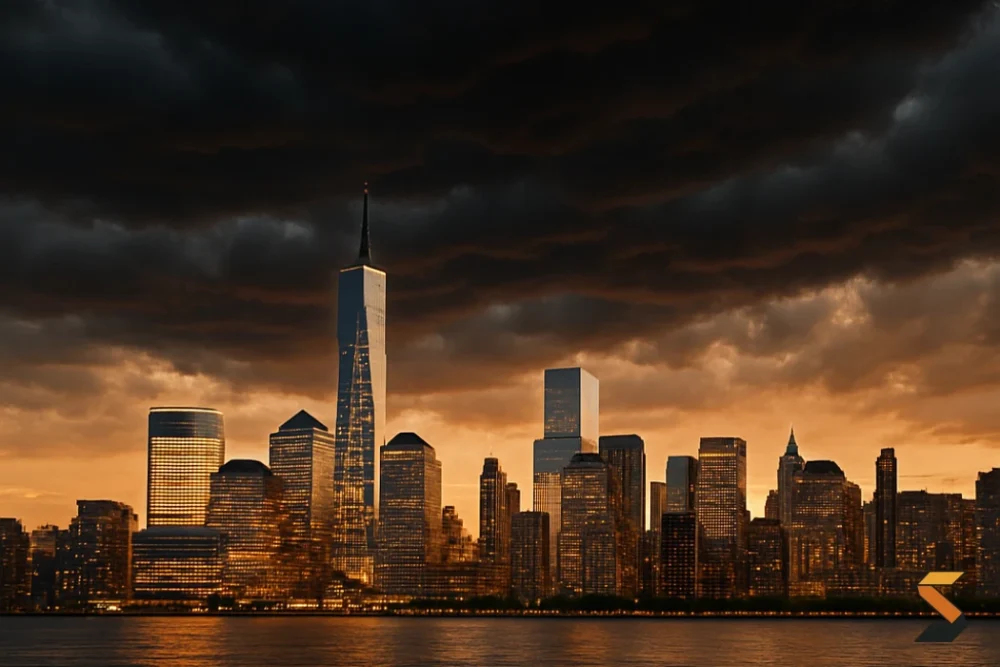A striking image of the NYC skyline with some ominous clouds gathering above