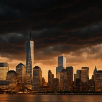 A striking image of the NYC skyline with some ominous clouds gathering above