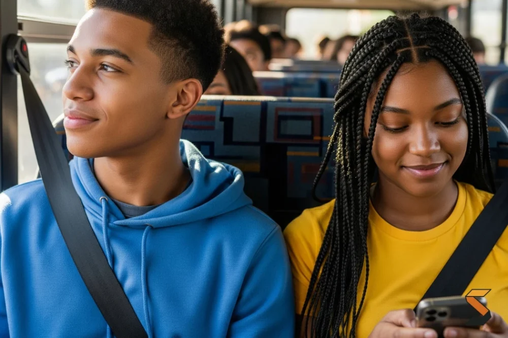 Photo of two diverse high school students sitting in a bus seat with seat belt on