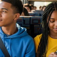 Photo of two diverse high school students sitting in a bus seat with seat belt on