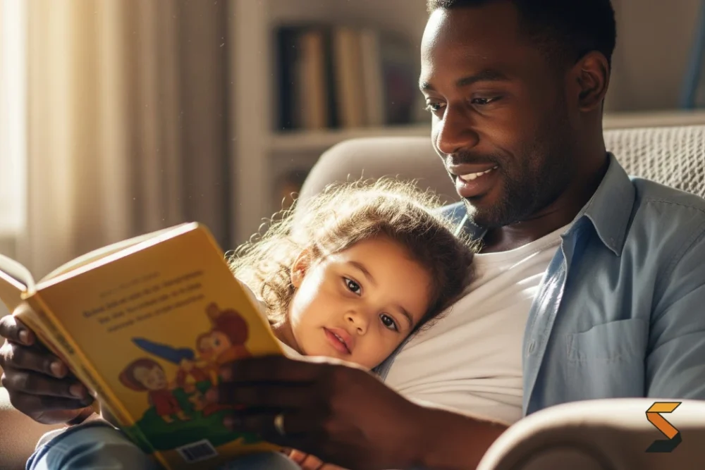 A parent patiently reading a book to his child