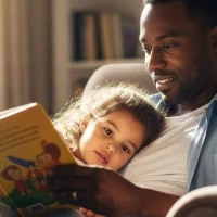 A parent patiently reading a book to his child